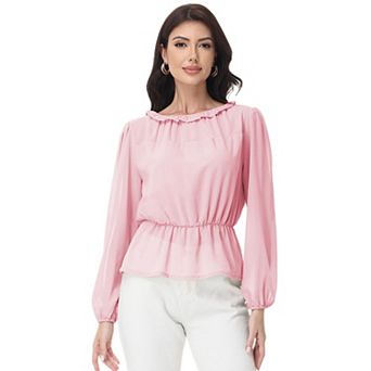 Women's Long Sleeve Blouse with Ruffle Neckline and Cinched Waist Detail