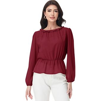 Women's Long Sleeve Blouse with Ruffle Neckline and Cinched Waist Detail