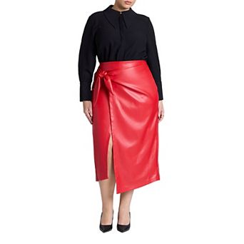 ELOQUII Women's Plus Size Wrap Front Faux Leather Midi Skirt