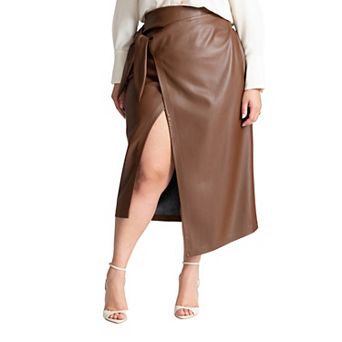 ELOQUII Women's Plus Size Wrap Front Faux Leather Midi Skirt