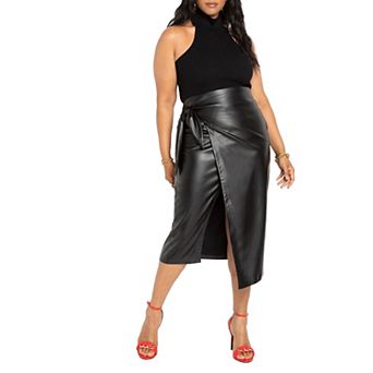 ELOQUII Women's Plus Size Wrap Front Faux Leather Midi Skirt
