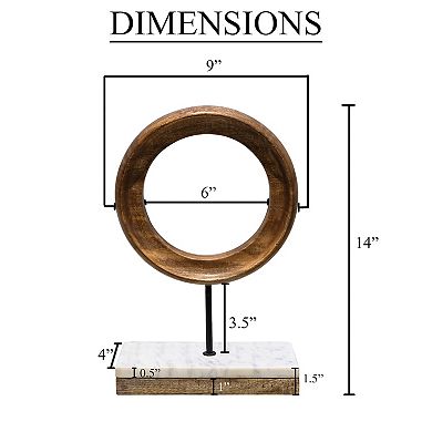 Decorative Tabletop Sculpture, Brown Mango Wood Ring Design, Black Iron Stem and Marble Base