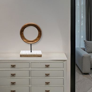 Decorative Tabletop Sculpture, Brown Mango Wood Ring Design, Black Iron Stem and Marble Base