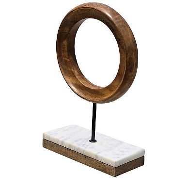 Decorative Tabletop Sculpture, Brown Mango Wood Ring Design, Black Iron Stem and Marble Base