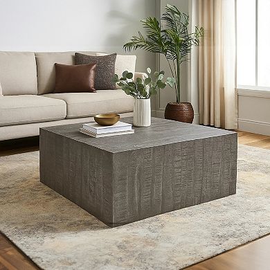 Rydan Coffee Table, 33 Inch Square Block Top, Sandblasted Gray Mango Wood