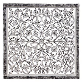 Ozy Carved Mango Wood Wall Décor, 36 Inch Square, Handcrafted Distressed Black & White
