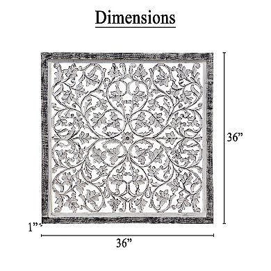 Ozy Carved Mango Wood Wall Décor, 36 Inch Square, Handcrafted Distressed Black & White