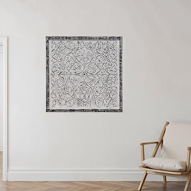 Ozy Carved Mango Wood Wall Décor, 36 Inch Square, Handcrafted Distressed Black & White