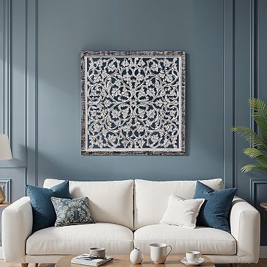 Ozy Carved Mango Wood Wall Décor, 36 Inch Square, Handcrafted Distressed Black & White