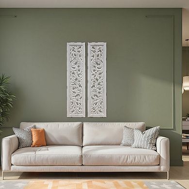 Ozy Carved Wall Art Panel Set of 2, Handcrafted Distressed White Mango Wood, 50 Inch Tall