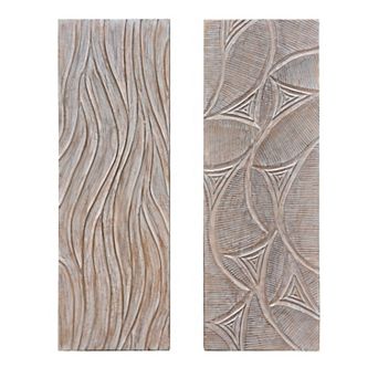 2 pc Wood Wall Art Panels, 16x48 Inch Abstract Geometric and Wave Pattern Décor, Distressed Gray