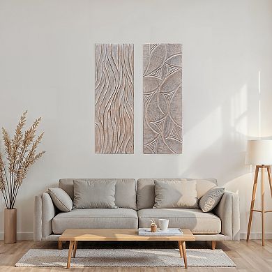 2pc Wood Wall Art Panels, 16x48 Inch Abstract Geometric and Wave Pattern Décor, Distressed Gray