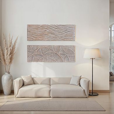 2pc Wood Wall Art Panels, 16x48 Inch Abstract Geometric and Wave Pattern Décor, Distressed Gray