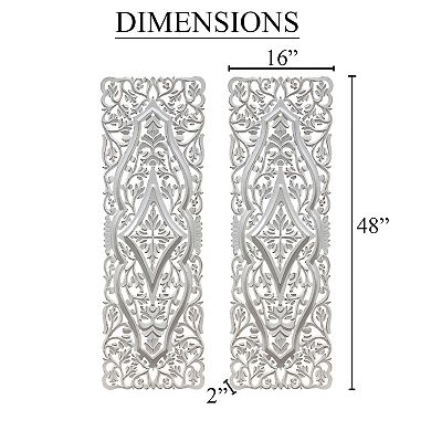 Ozy Carved Wall Art Panel Set of 2, Handcrafted Ornate Décor, Distressed White Wood, 16x48
