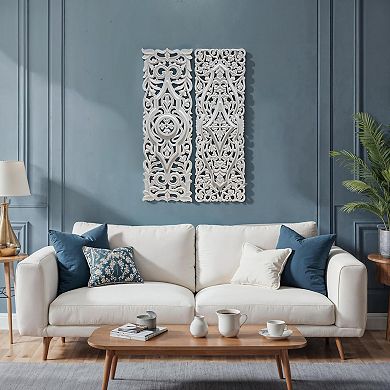 Ozy Carved Wall Art Panel Set of 2, Handcrafted Ornate Décor, Distressed White Wood, 16x48