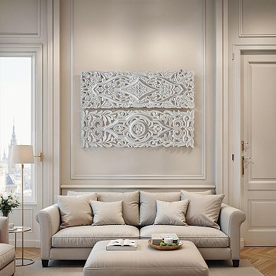 Ozy Carved Wall Art Panel Set of 2, Handcrafted Ornate Décor, Distressed White Wood, 16x48