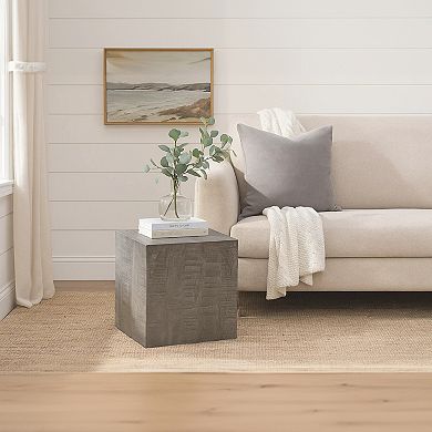 Rydan Side End Table, 19 Inch Square Block Top, Sandblasted Gray Mango Wood