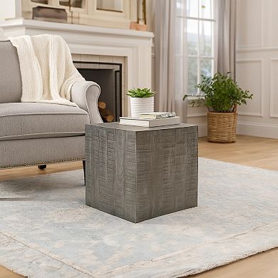 Rydan Side End Table, 19 Inch Square Block Top, Sandblasted Gray Mango Wood