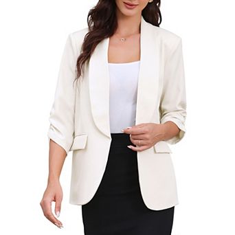 Open Front Blazer for Women's Shawl Collar Ruched 3/4 Sleeves Dressy Suit Work Office Blazers