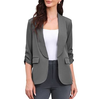 Open Front Blazer for Women's Shawl Collar Ruched 3/4 Sleeves Dressy Suit Work Office Blazers