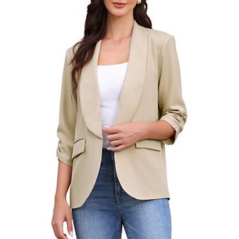 Open Front Blazer for Women's Shawl Collar Ruched 3/4 Sleeves Dressy Suit Work Office Blazers