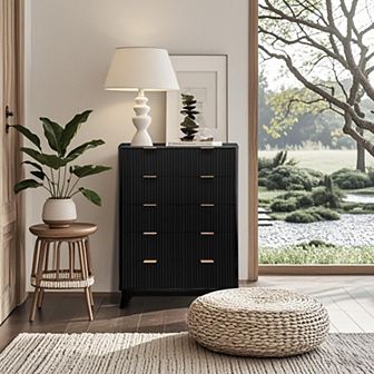 47"H Wood Dresser, Wood Chest of Drawers, 5 Drawer Waveform Fluted Panel Dresser, Modern Dressers