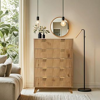 47"H Wood Dresser, Wood Chest of Drawers, 5 Drawer Waveform Fluted Panel Dresser, Modern Dressers
