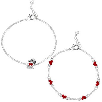 Peanuts Snoopy Silver Tone Heart Charm & Link Bracelet 2 pc Set