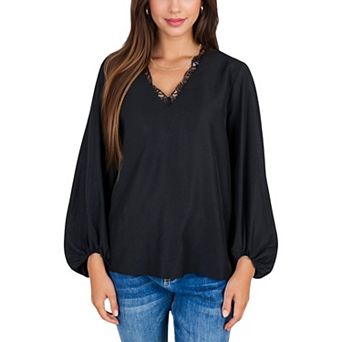 Women's V-Neck Blouse with Lace Trim and Balloon Sleeves