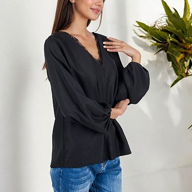 Women's V-Neck Blouse with Lace Trim and Balloon Sleeves