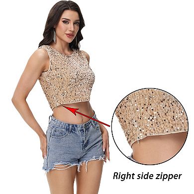 Women's Sleeveless Sequin Crop Top with Round Neckline and Sparkle Embellishment