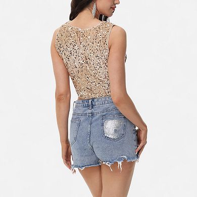 Women's Sleeveless Sequin Crop Top with Round Neckline and Sparkle Embellishment