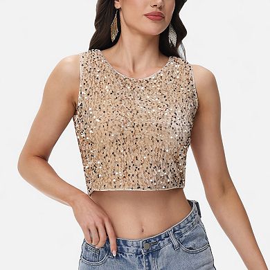 Women's Sleeveless Sequin Crop Top with Round Neckline and Sparkle Embellishment