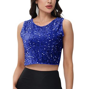 Women's Sleeveless Sequin Crop Top with Round Neckline and Sparkle Embellishment