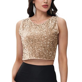 Women's Sleeveless Sequin Crop Top with Round Neckline and Sparkle Embellishment
