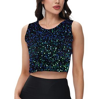 Women's Sleeveless Sequin Crop Top with Round Neckline and Sparkle Embellishment