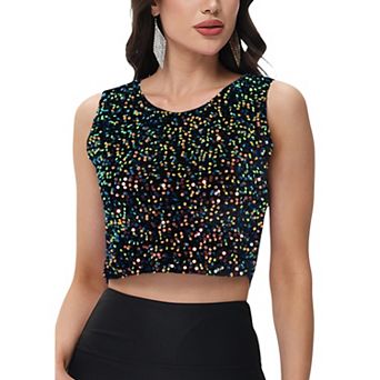 Women's Sleeveless Sequin Crop Top with Round Neckline and Sparkle Embellishment