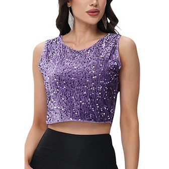 Women's Sleeveless Sequin Crop Top with Round Neckline and Sparkle Embellishment