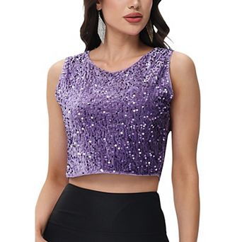 Women's Sleeveless Sequin Crop Top with Round Neckline and Sparkle Embellishment