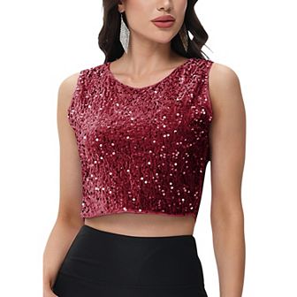 Women's Sleeveless Sequin Crop Top with Round Neckline and Sparkle Embellishment