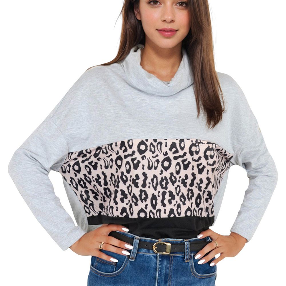 BiBi Brushed Thermal Color Block Top With Leopard main image 0