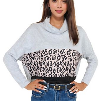 Women's Long Sleeve Color Block Top with Leopard Print Panel and Cowl Neck Detail