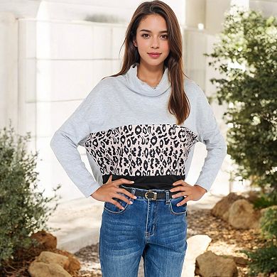 Women's Long Sleeve Color Block Top with Leopard Print Panel and Cowl Neck Detail