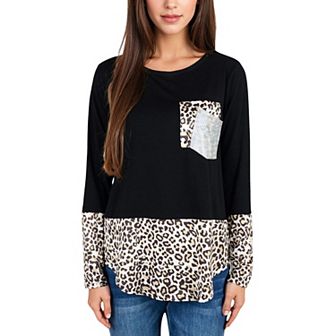 Women's Long Sleeve Leopard Print Color Block Top with Sequin Pocket Detail