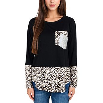 Women's Long Sleeve Leopard Print Color Block Top with Sequin Pocket Detail