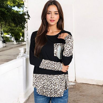 Women's Long Sleeve Leopard Print Color Block Top with Sequin Pocket Detail