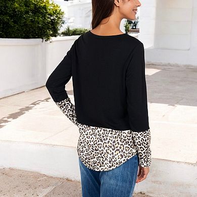 Women's Long Sleeve Leopard Print Color Block Top with Sequin Pocket Detail