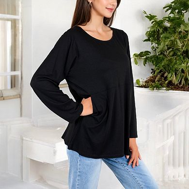 Women's Long Sleeve Scoop Neck Tunic Top with Front Pockets