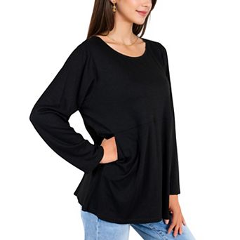 Women's Long Sleeve Scoop Neck Tunic Top with Front Pockets