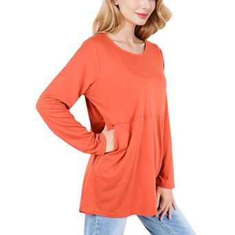 Women's Long Sleeve Scoop Neck Tunic Top with Front Pockets